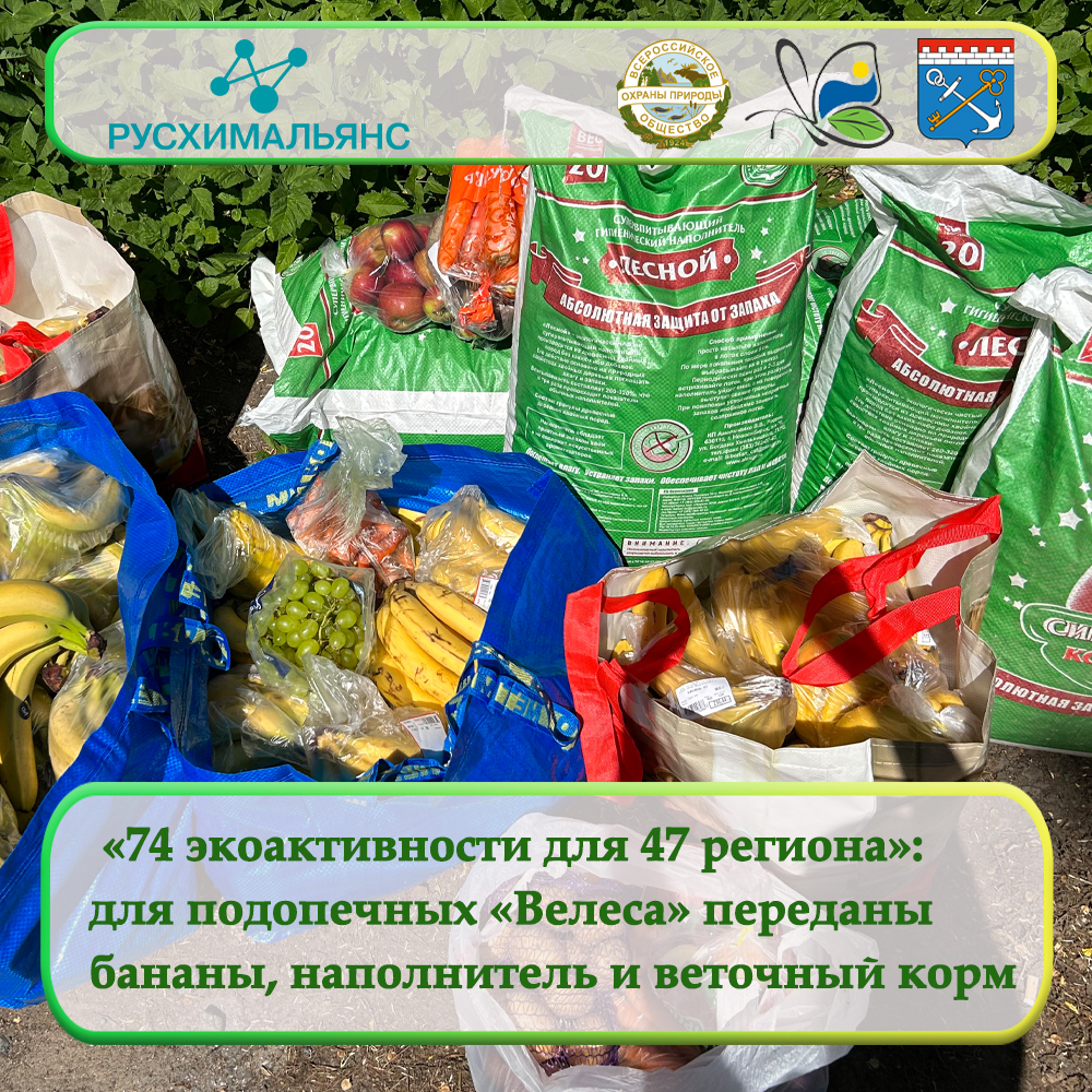 «74 экологические активности для 47 региона»: для подопечных «Велеса» передано 65 кг бананов, 200 кг древесного наполнителя и 800 кг веток